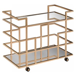 Pemberly Row Art Deco Stainless Steel Bar Cart in Rose Gold with Glass Shelves