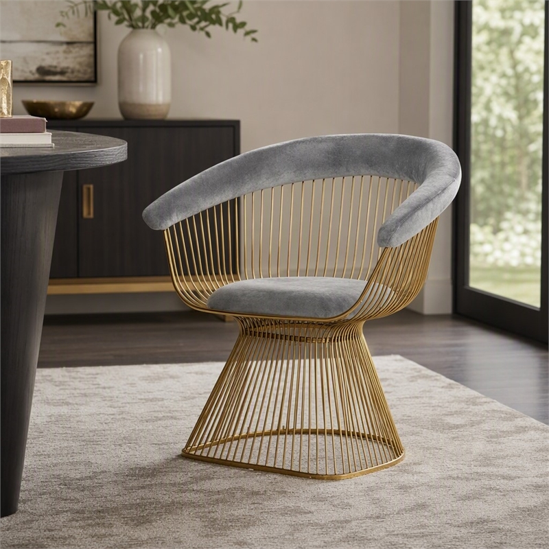 Pemberly Row Gray Velvet Dining Chair with Gold Stainless Steel Base