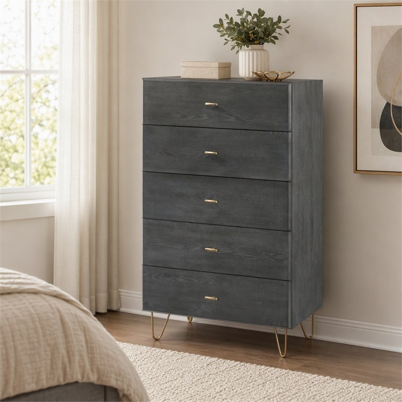 Pemberly Row Bryan Gray Wood and Metal Bedroom Chest with 5 Drawers