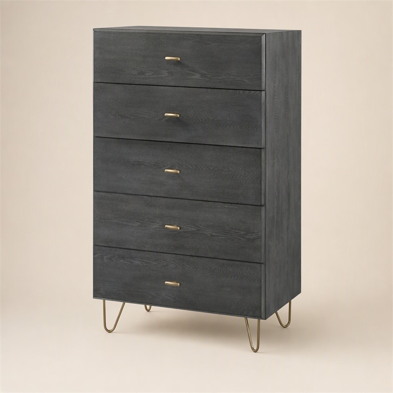 Pemberly Row Bryan Gray Wood and Metal Bedroom Chest with 5 Drawers