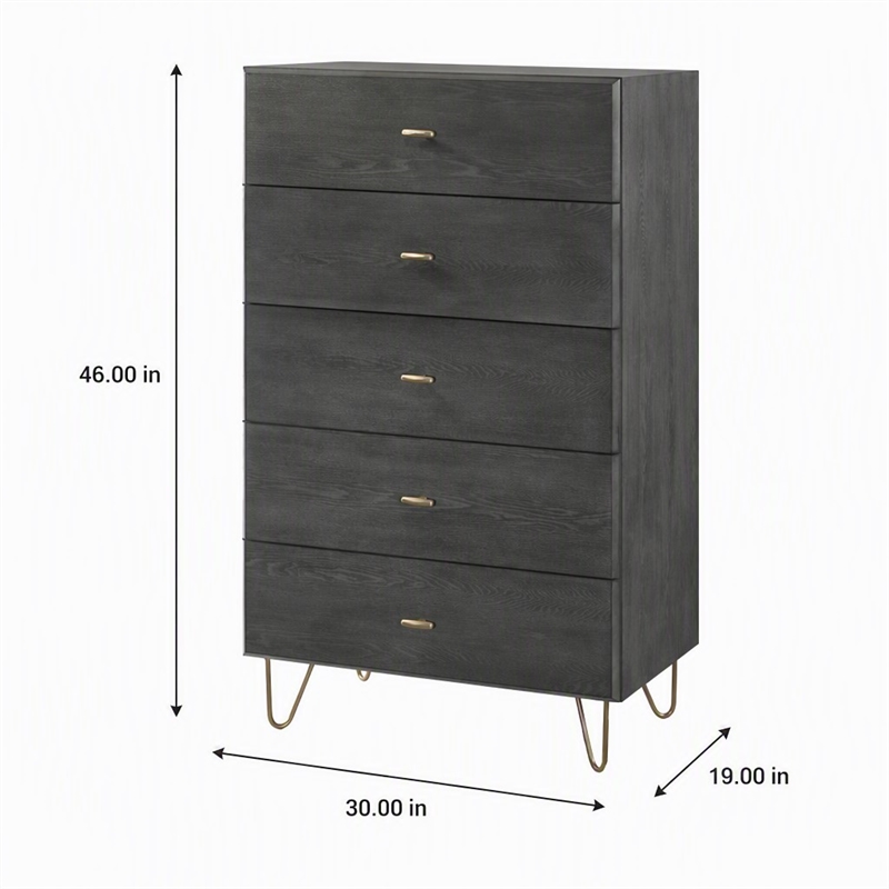 Pemberly Row Bryan Gray Wood and Metal Bedroom Chest with 5 Drawers