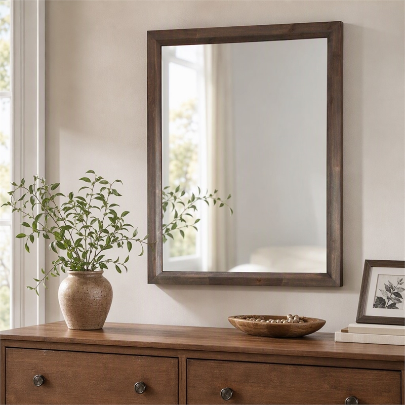 Pemberly Row Rectangular Glass and Brown Acacia Wood Mirror with Beveled Edges
