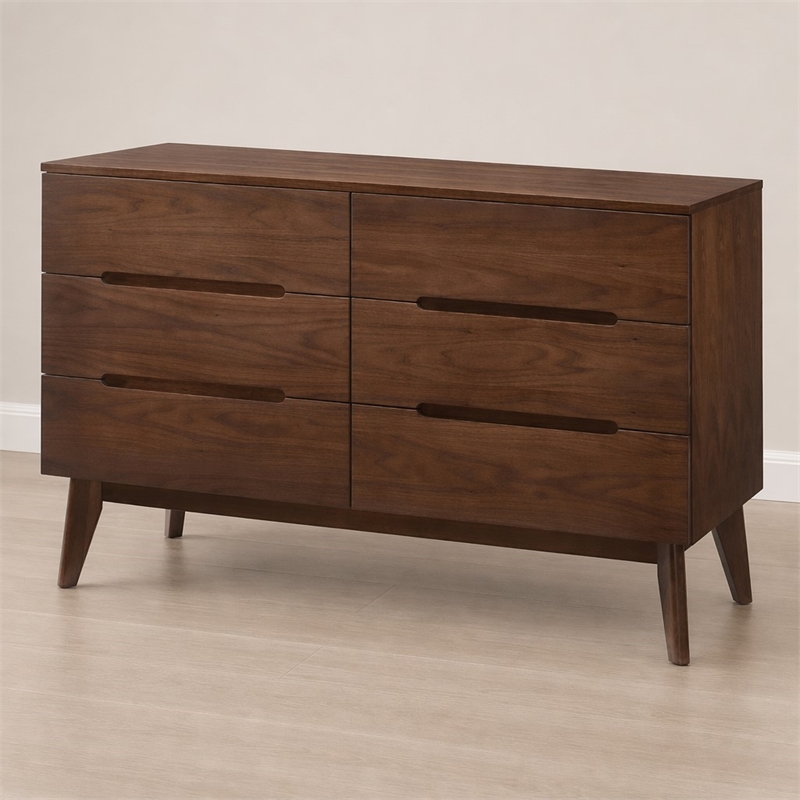 Pemberly Row 6-Drawer Walnut Veneer and Solid Rubberwood Dresser