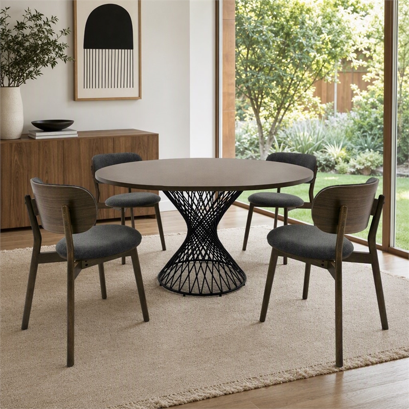 Pemberly Row Walnut Wood and Metal Dining Table with Pedestal Base