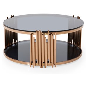 Pemberly Row Round Stainless Steel and Glass Coffee Table in Rose Gold