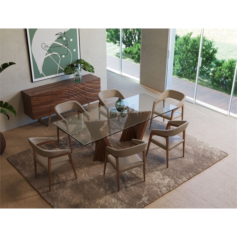 Pemberly Row Rectangular Mid-Century Glass Dining Table in Walnut Finish