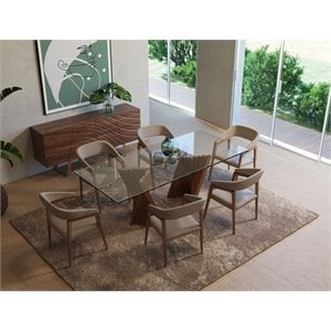 Pemberly Row Rectangular Mid-Century Glass Dining Table in Walnut Finish
