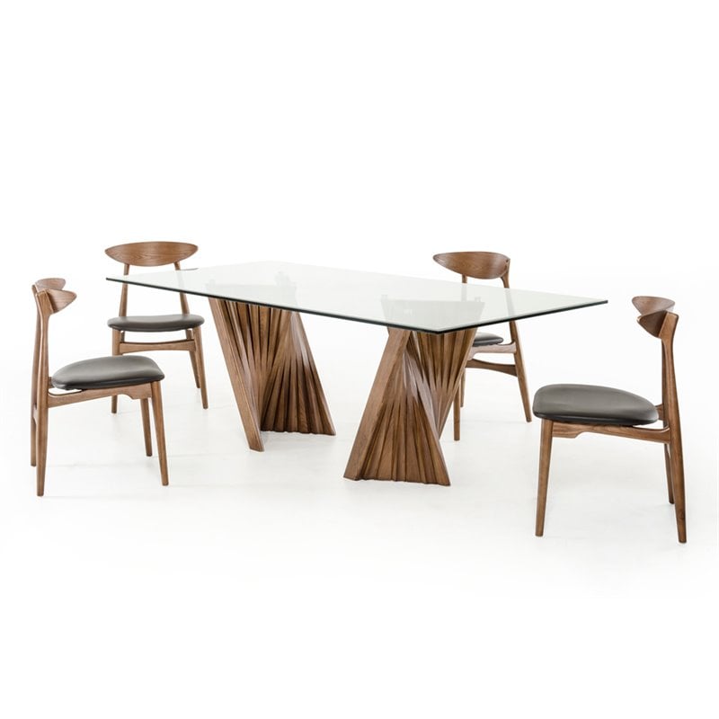 Pemberly Row Rectangular Mid-Century Glass Dining Table in Walnut Finish
