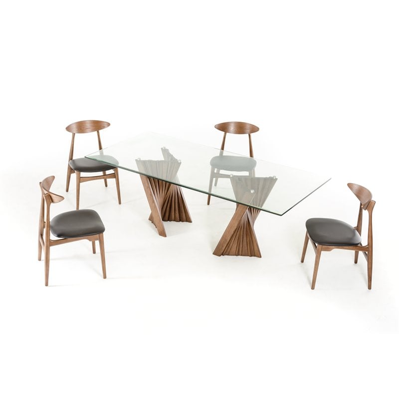 Pemberly Row Rectangular Mid-Century Glass Dining Table in Walnut Finish