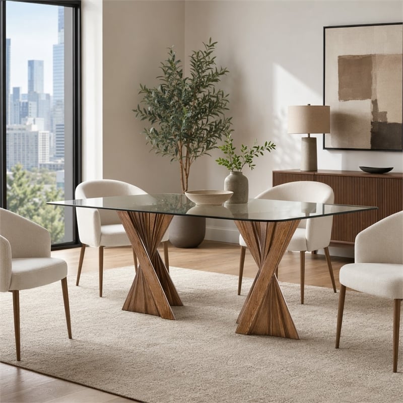 Pemberly Row Rectangular Mid-Century Glass Dining Table in Walnut Finish