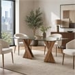 Pemberly Row Rectangular Mid-Century Glass Dining Table in Walnut Finish