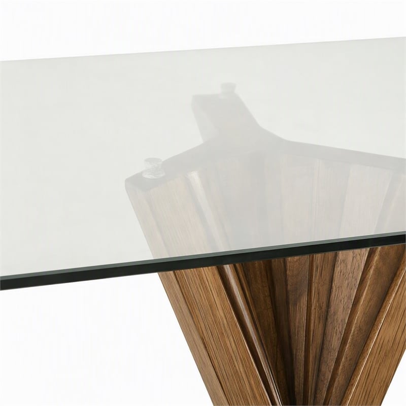 Pemberly Row Rectangular Mid-Century Glass Dining Table in Walnut Finish