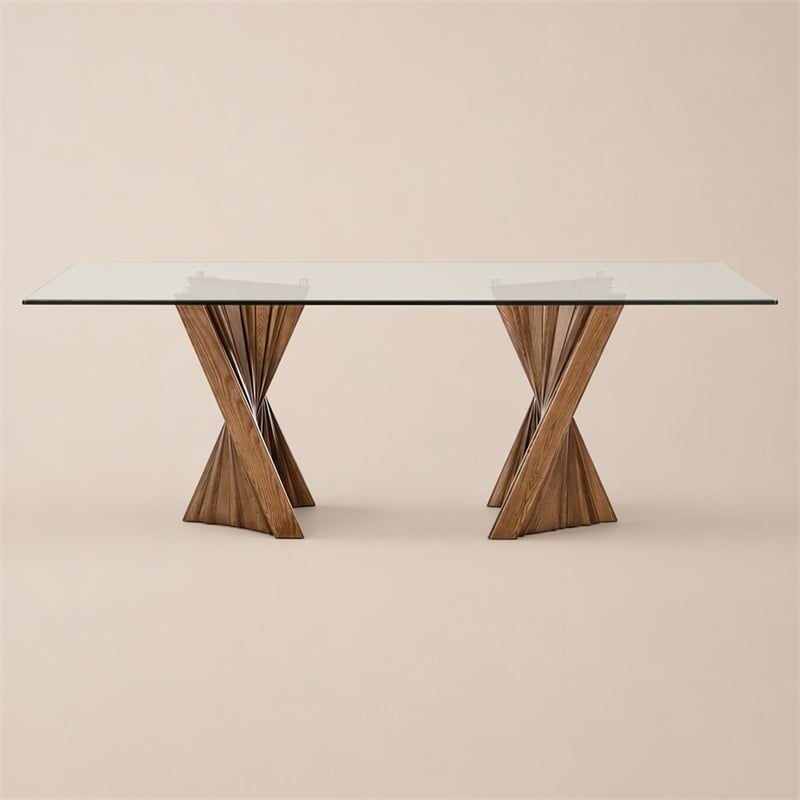 Pemberly Row Rectangular Mid-Century Glass Dining Table in Walnut Finish