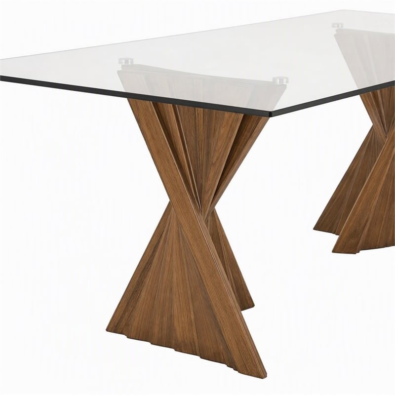Pemberly Row Rectangular Mid-Century Glass Dining Table in Walnut Finish