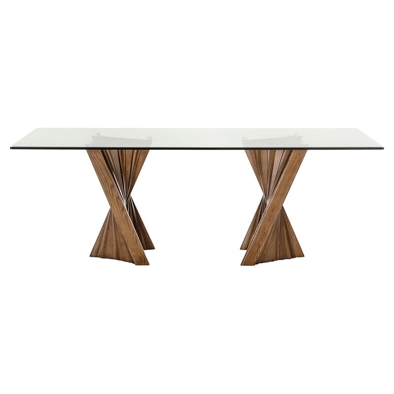 Pemberly Row Rectangular Mid-Century Glass Dining Table in Walnut Finish