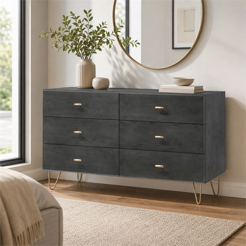Pemberly Row Modern 6-Drawer Veneer Wood Dresser in Gray and Gold