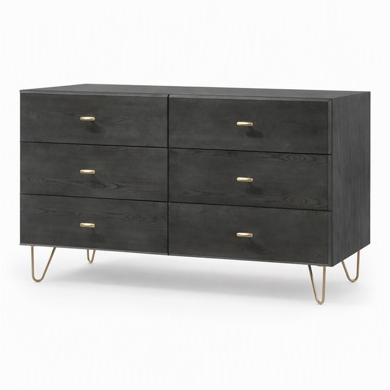 Pemberly Row Modern 6-Drawer Veneer Wood Dresser in Gray and Gold