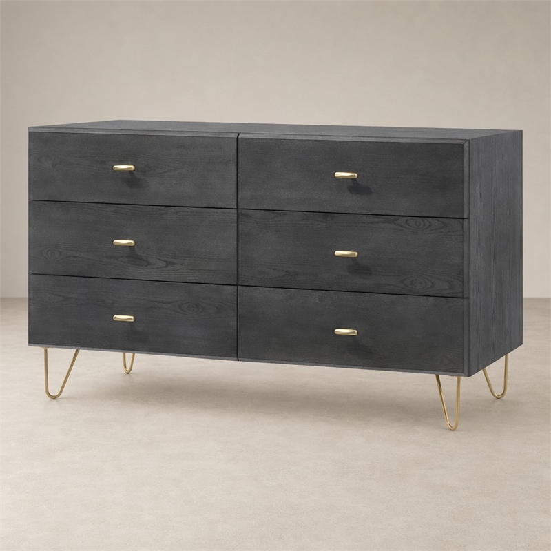 Pemberly Row Modern 6-Drawer Veneer Wood Dresser in Gray and Gold