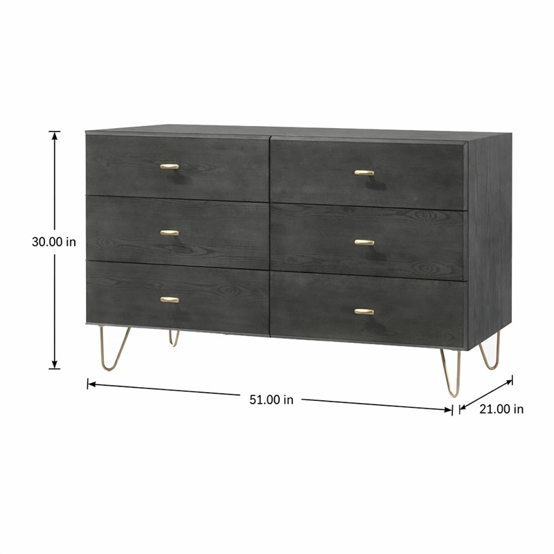 Pemberly Row Modern 6-Drawer Veneer Wood Dresser in Gray and Gold