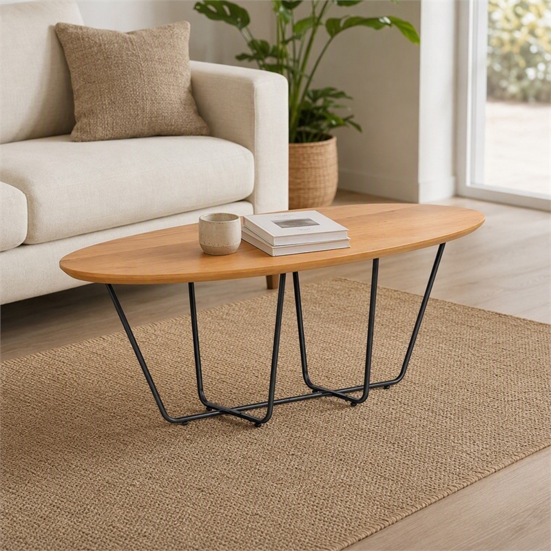Pemberly Row Industrial Veneer Wood Coffee Table with Black Trestle Base
