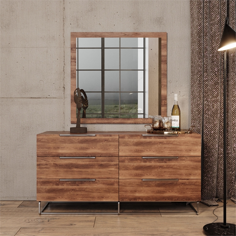 Pemberly Row 6-Drawer Modern Wood & Stainless Steel Dresser in Light Oak