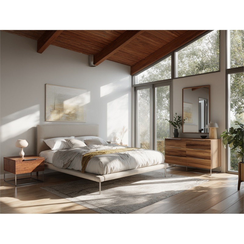 Pemberly Row 6-Drawer Modern Wood & Stainless Steel Dresser in Light Oak