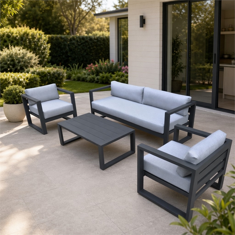 Pemberly Row Weber Modern Gray Fabric Outdoor Sofa Set with Black Frame