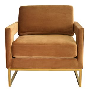 Pemberly Row Velvet Stainless Steel Accent Chair in Camel Brown and Gold