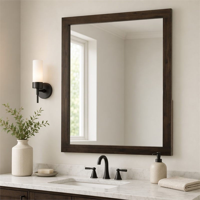 Pemberly Row Contemporary Glass Mirror in Dark Walnut/Clear
