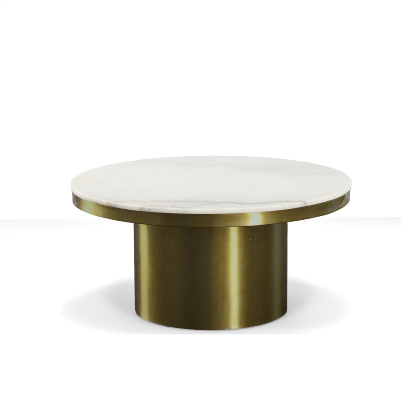Pemberly Row Round Coffee Table with Stone Top and Gold Steel Base