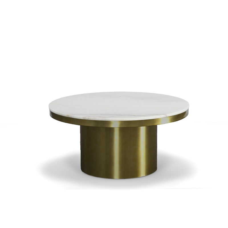 Pemberly Row Round Coffee Table with Stone Top and Gold Steel Base