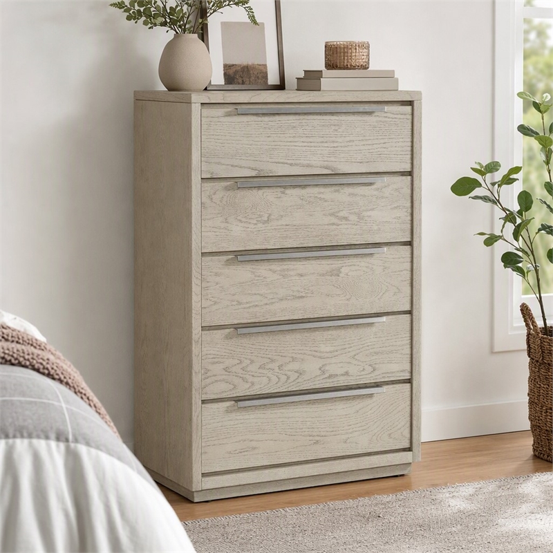 Pemberly Row 5-Drawer Wood Veneer Chest in Textured Oak and Silver Finish