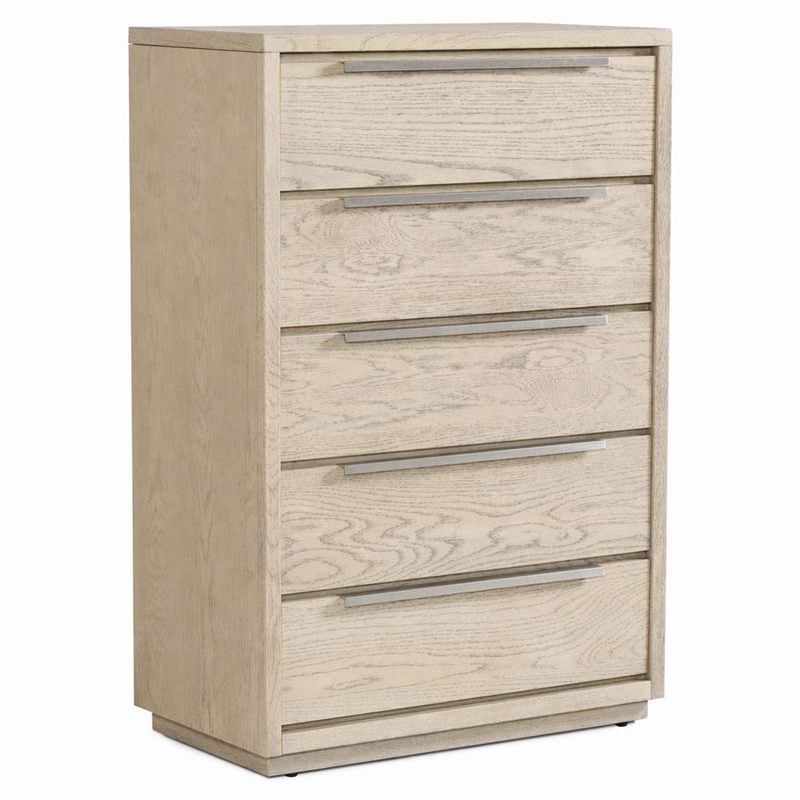 Pemberly Row 5-Drawer Wood Veneer Chest in Textured Oak and Silver Finish