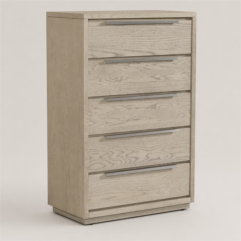 Pemberly Row 5-Drawer Wood Veneer Chest in Textured Oak and Silver Finish