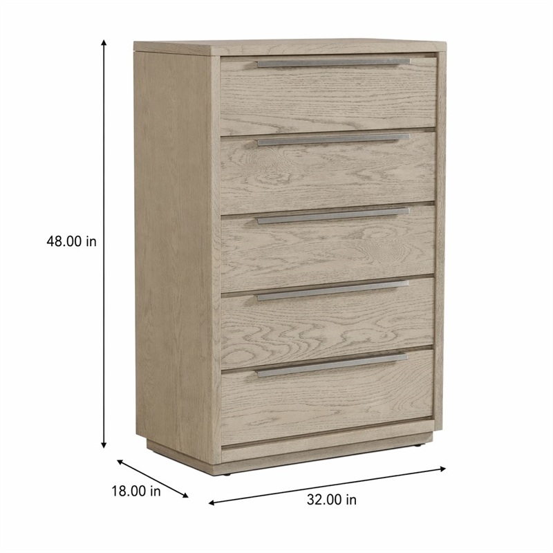 Pemberly Row 5-Drawer Wood Veneer Chest in Textured Oak and Silver Finish