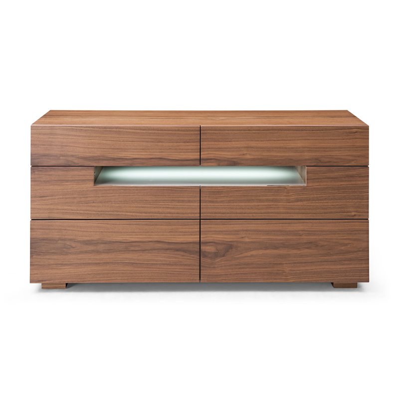 Pemberly Row 6-Drawer MDF Wood Dresser with LED Light in Walnut Veneer