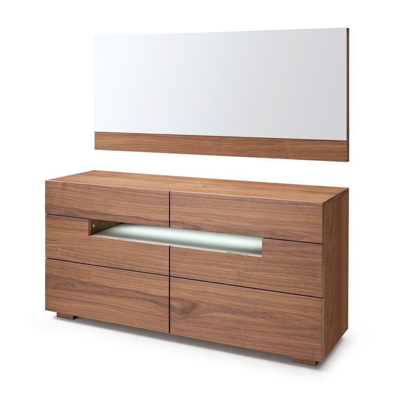 Pemberly Row 6-Drawer MDF Wood Dresser with LED Light in Walnut Veneer
