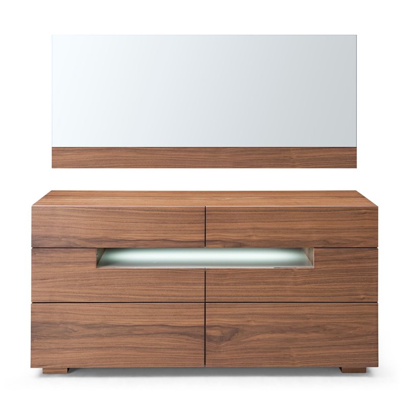 Pemberly Row 6-Drawer MDF Wood Dresser with LED Light in Walnut Veneer