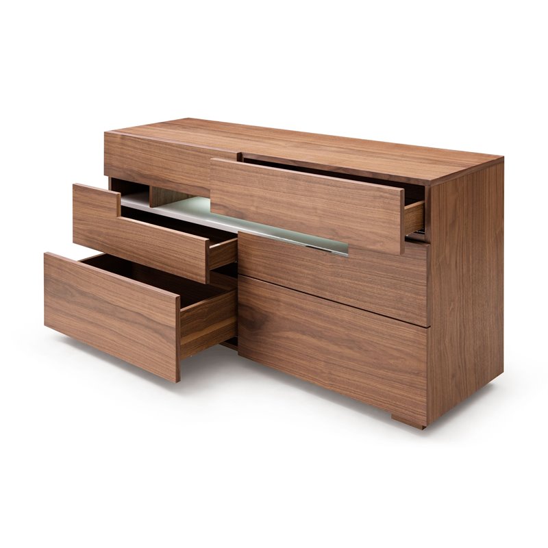 Pemberly Row 6-Drawer MDF Wood Dresser with LED Light in Walnut Veneer