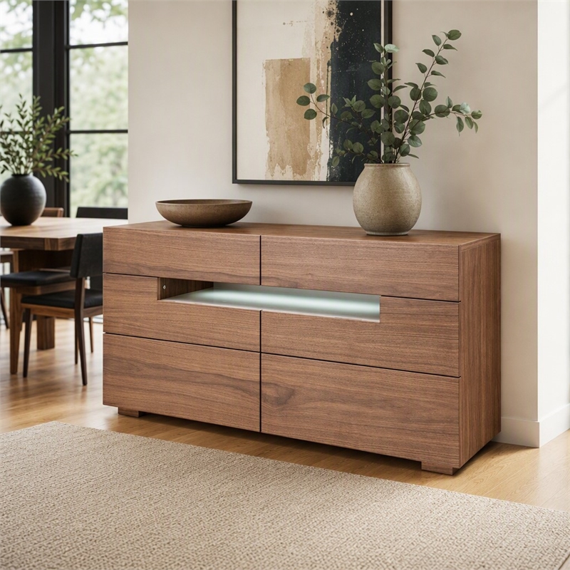 Pemberly Row 6-Drawer MDF Wood Dresser with LED Light in Walnut Veneer