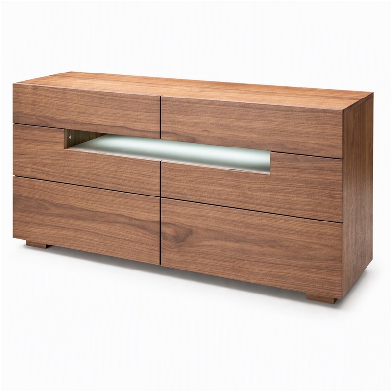 Pemberly Row 6-Drawer MDF Wood Dresser with LED Light in Walnut Veneer