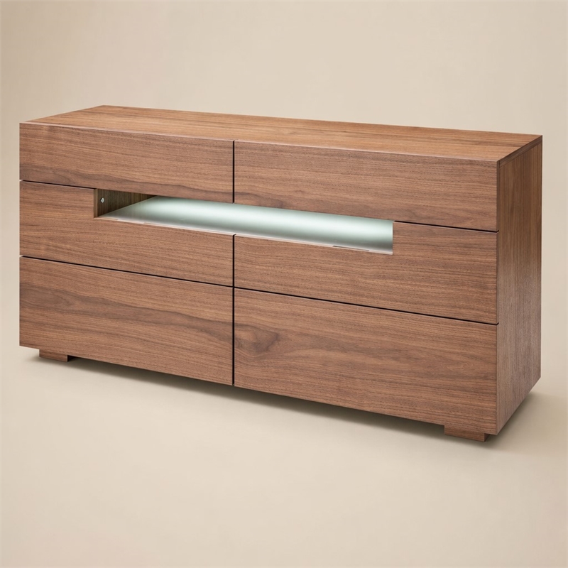 Pemberly Row 6-Drawer MDF Wood Dresser with LED Light in Walnut Veneer