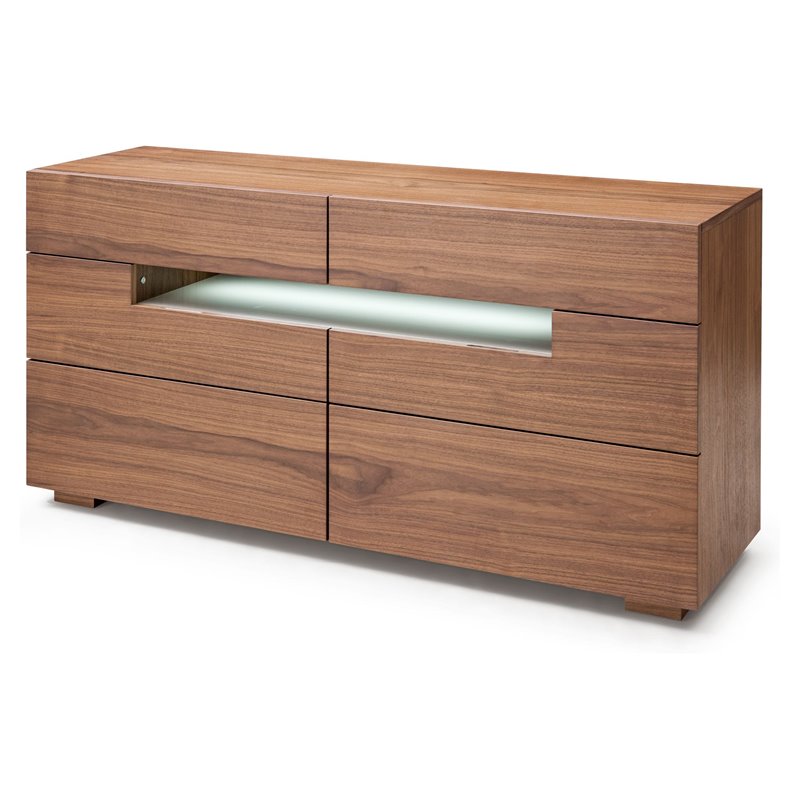 Pemberly Row 6-Drawer MDF Wood Dresser with LED Light in Walnut Veneer