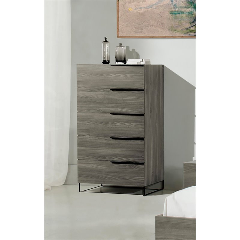 Pemberly Row Modern Veneer and Metal 5-Drawer Chest in Matte Grey