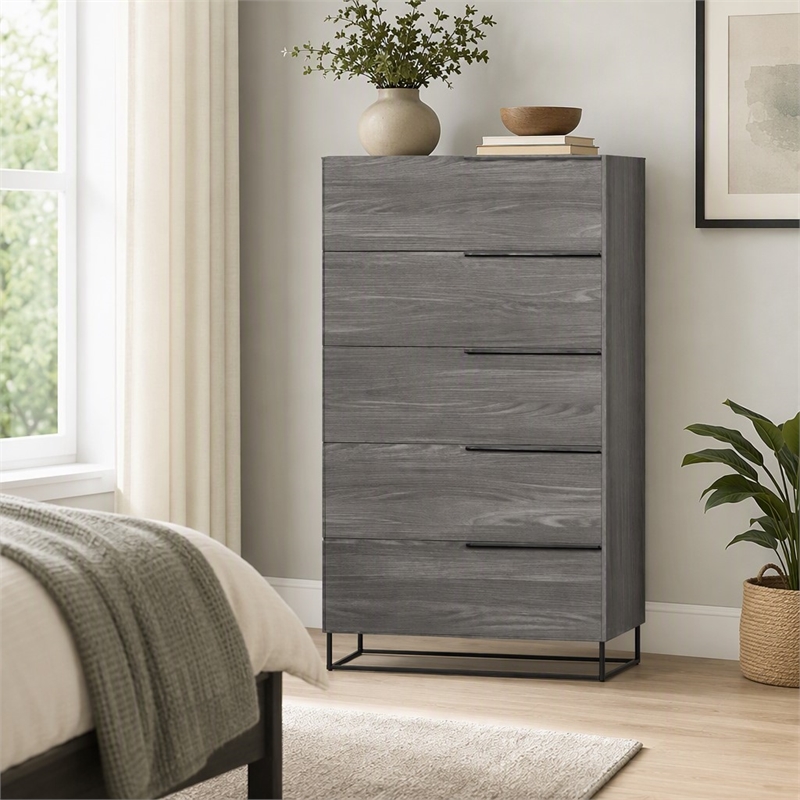 Pemberly Row Modern Veneer and Metal 5-Drawer Chest in Matte Grey