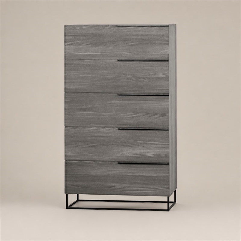 Pemberly Row Modern Veneer and Metal 5-Drawer Chest in Matte Grey
