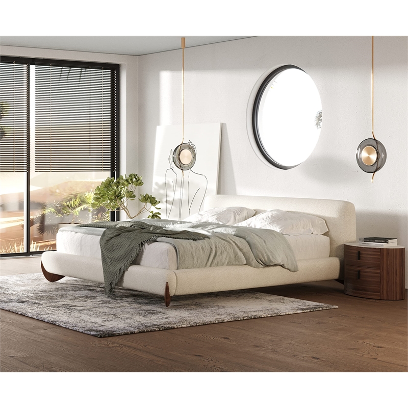 Pemberly Row Contemporary Fabric Eastern King Bed in Walnut and Cream