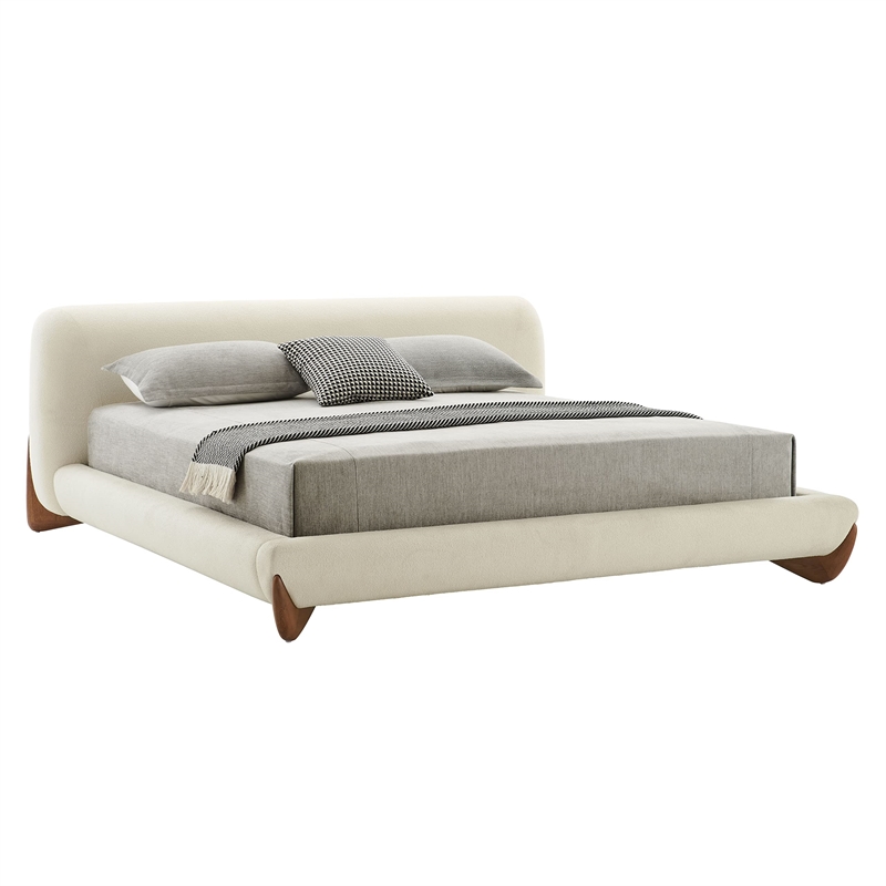 Pemberly Row Contemporary Fabric Eastern King Bed in Walnut and Cream