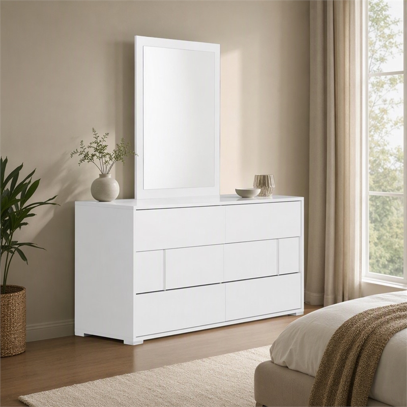 Pemberly Row Modern 6-Drawer MDF Wood Dresser in White Gloss Finish