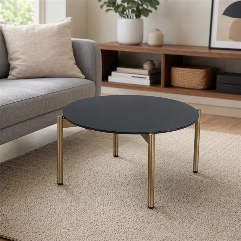 Pemberly Row Round Metal and Marble Coffee Table in Black and Gold